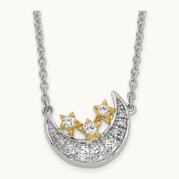 Moon w/3-Stars Diamond 18in Necklace, 14K Two-tone