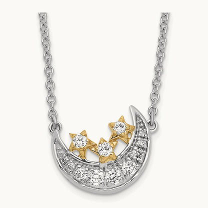 Moon w/3-Stars Diamond 18in Necklace, 14K Two-tone