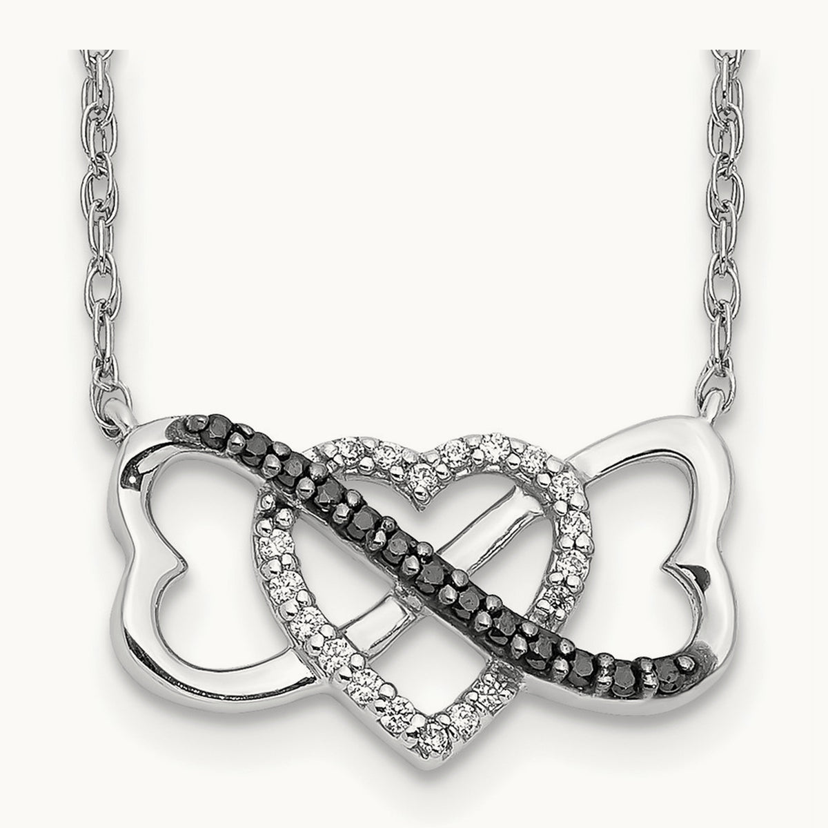 w/ Black and White Diamond Triple Heart 17in Necklace, 14K White Gold