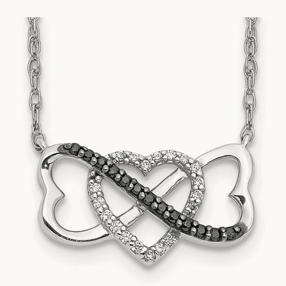 w/ Black and White Diamond Triple Heart 17in Necklace, 14K White Gold