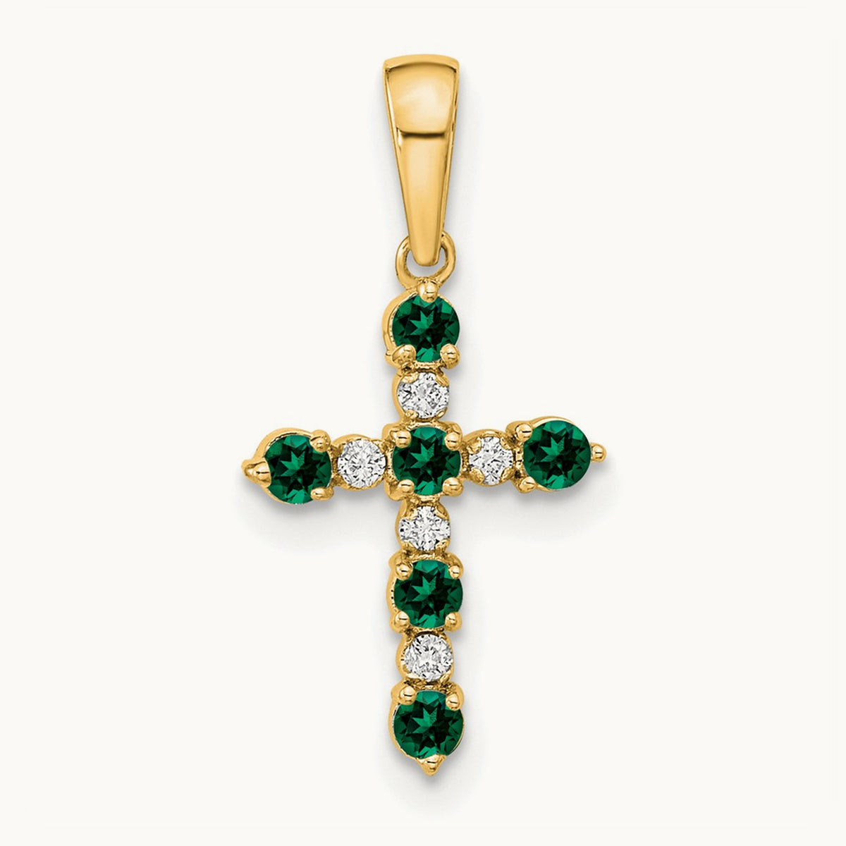 Lab Created Emerald and Diamond Cross Pendant — 14K Yellow Gold