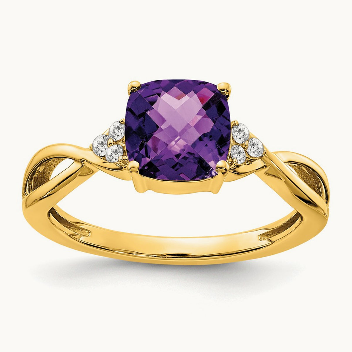 Checkerboard Amethyst and Diamond Ring — 14K Yellow Gold, 7