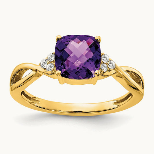 Checkerboard Amethyst and Diamond Ring — 14K Yellow Gold, 7