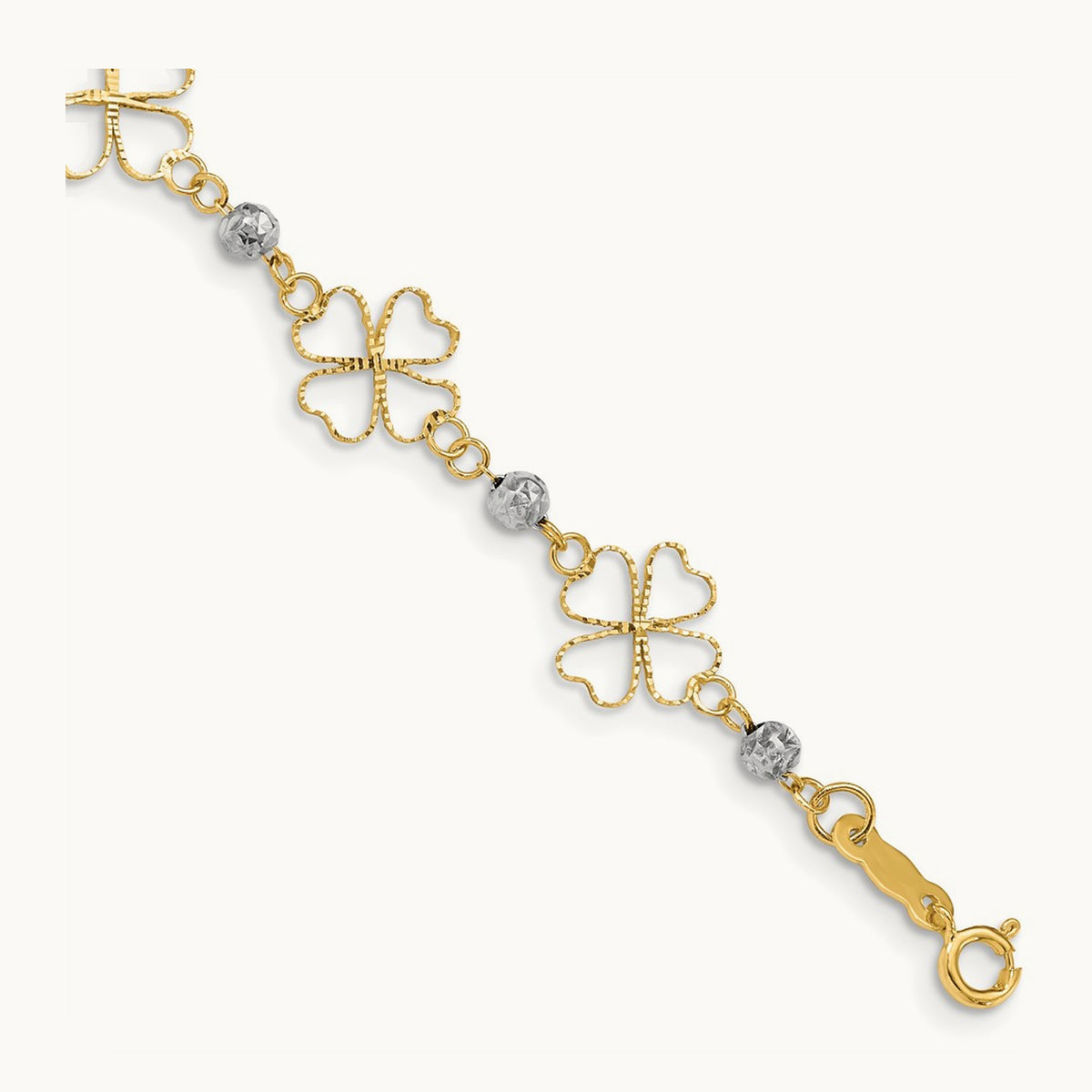 Diamond-cut Open Clovers & Beads Bracelet, 14K Two-tone