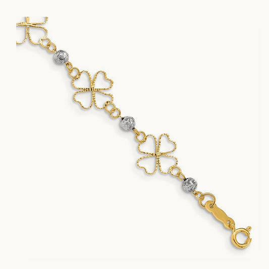 Diamond-cut Open Clovers & Beads Bracelet, 14K Two-tone