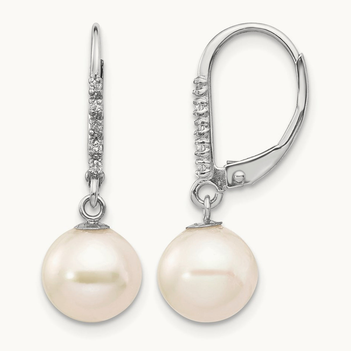 Round Freshwater Cultured Pearl Diamond Leverback Earrings — 14K White Gold