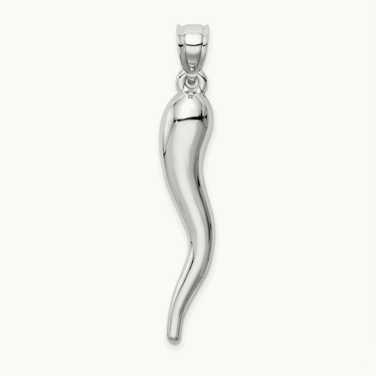 Hollow 3D Italian Horn Pendant — 14K White Gold, 42mm