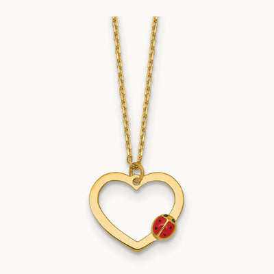 Polished Heart With Enamel Ladybug w/.75in Ext Children's Necklace, 14K