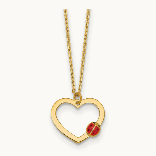 Polished Heart With Enamel Ladybug w/.75in Ext Children's Necklace, 14K