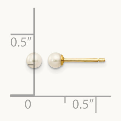 3- White Round Freshwater Cultured Pearl Stud Post Earrings, 4mm, 14K