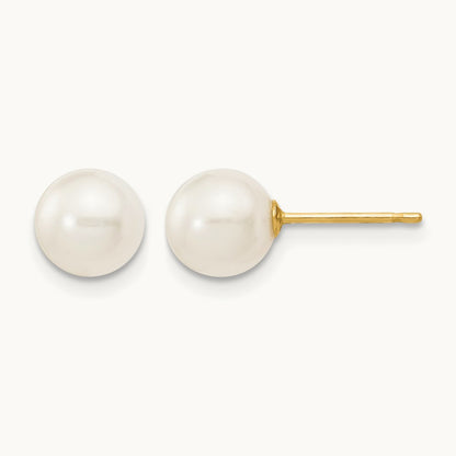 6- White Round Freshwater Cultured Pearl Stud Post Earrings, 7mm, 14K
