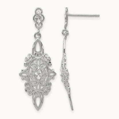 Diamond-cut Filigree Dangle Earrings — 14K White Gold