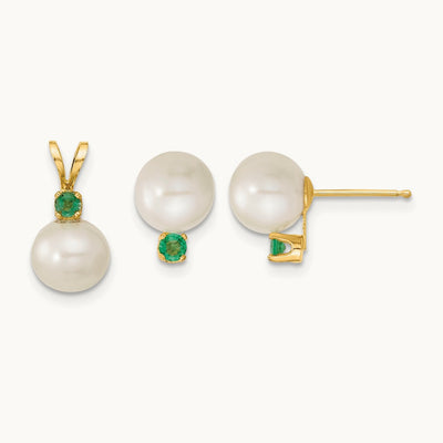 7- White FW Cultured Pearl & Emerald Stud Earrings & Pendant, 8mm, 14K