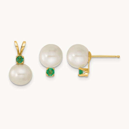 7- White FW Cultured Pearl & Emerald Stud Earrings & Pendant, 8mm, 14K