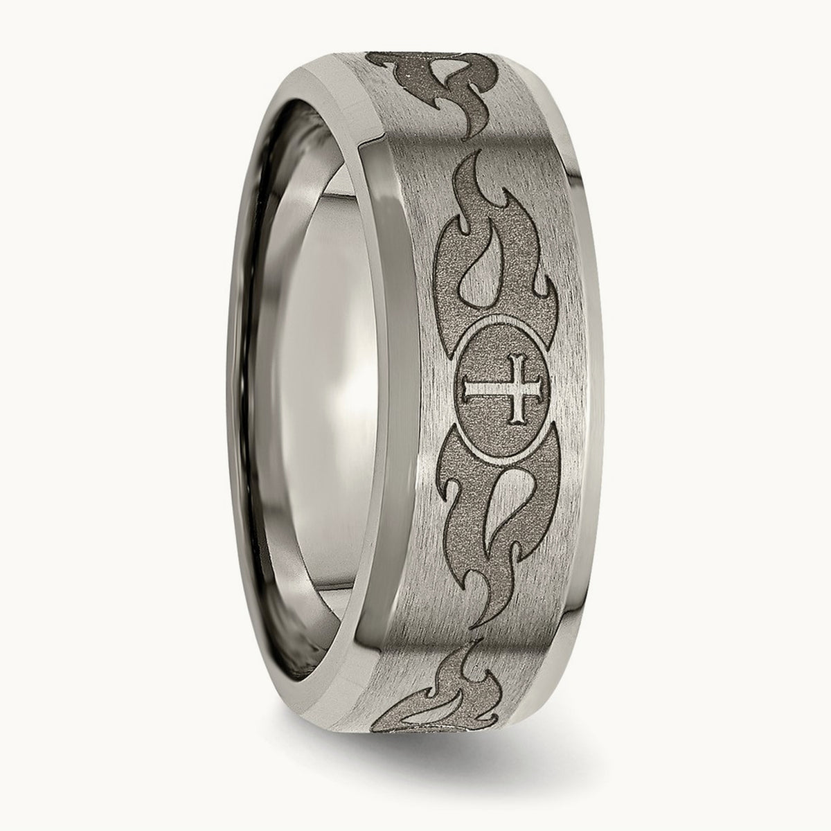 Brushed & Polished Cross Laser Design Beveled Edge Band — photo set