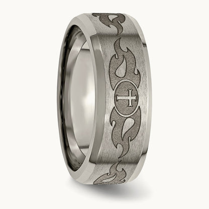 Brushed & Polished Cross Laser Design Beveled Edge Band — photo set