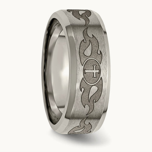 Brushed & Polished Cross Laser Design Beveled Edge Band — photo set