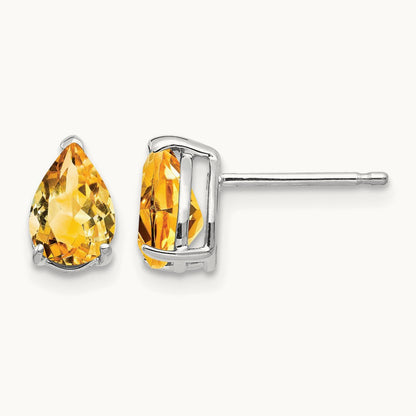 7x5mm Pear Citrine Earrings, 14K White Gold