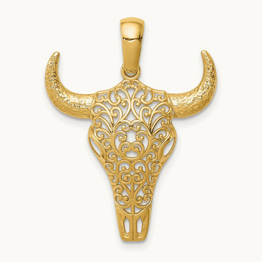 Filigree Steer Skull Pendant, 14K