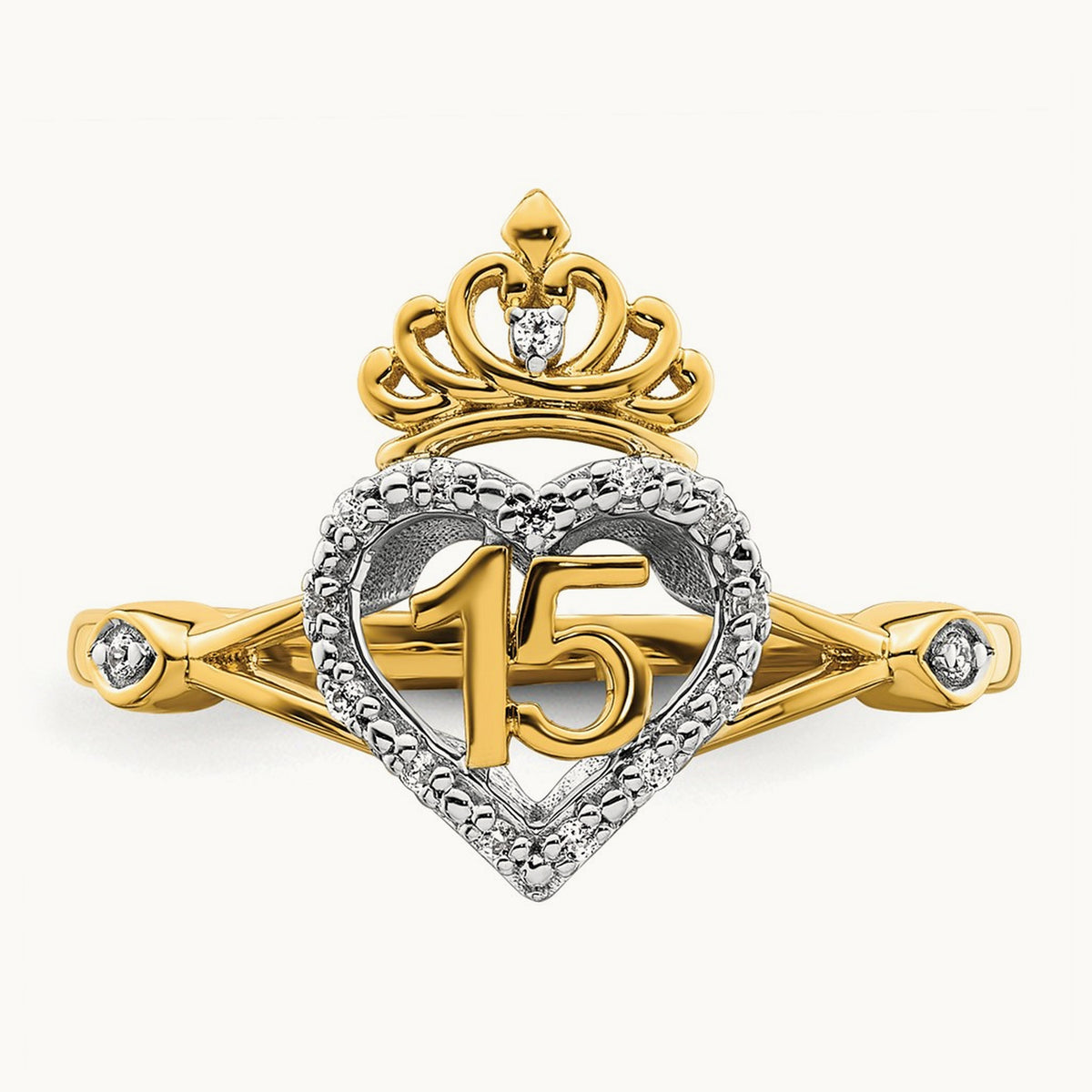 Polished Diamond Quinceanera Heart/Crown Ring, 14K Two-tone