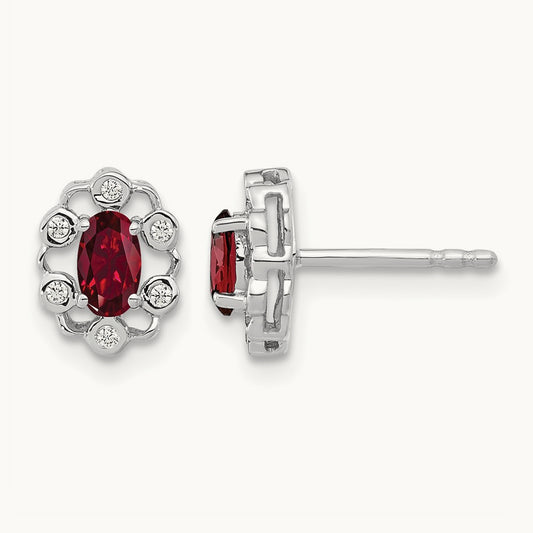 Created Ruby Halo Post Earrings, 0.05 ct tw Lab-Grown Diamond