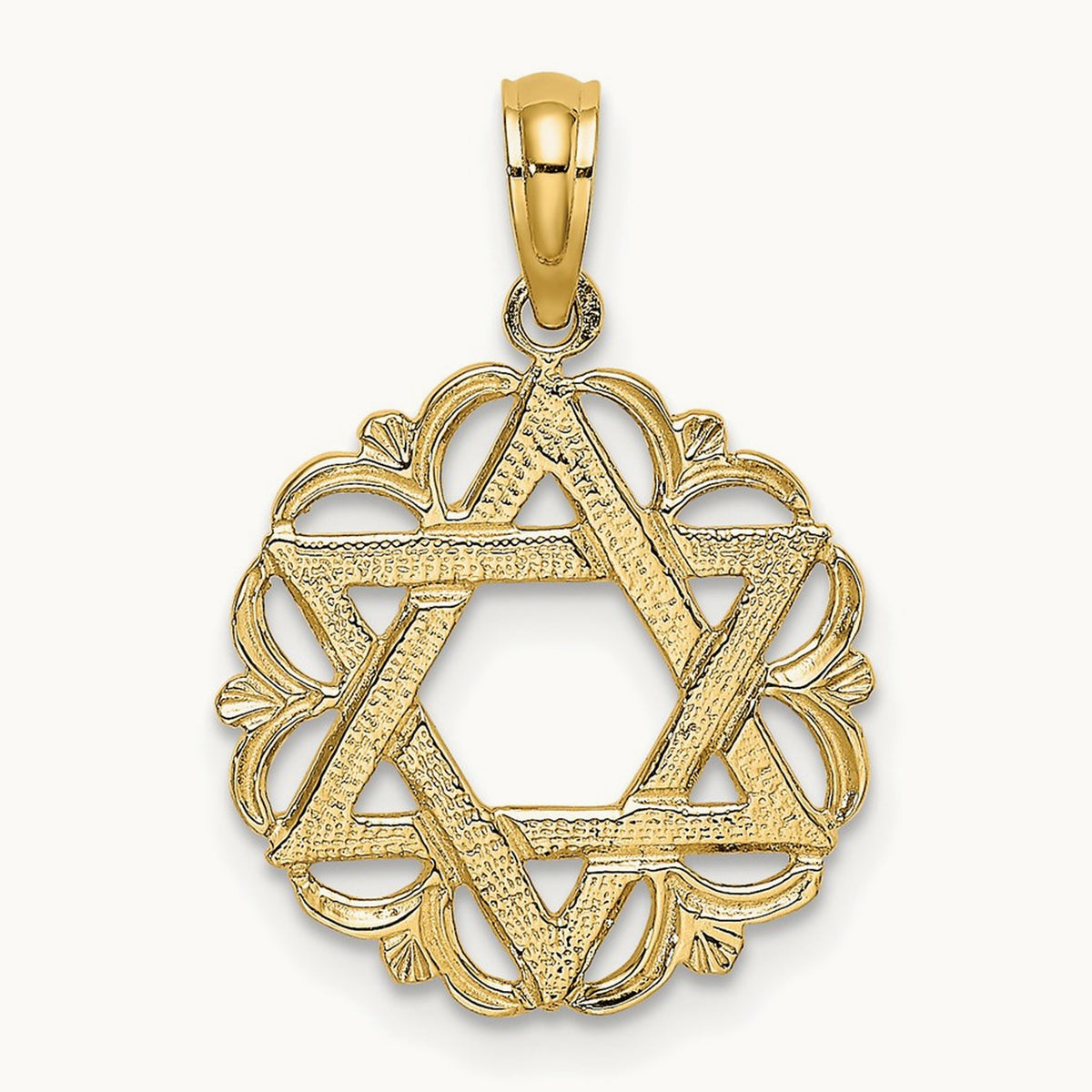 Star Of David In Scalloped Circle Charm, 14K