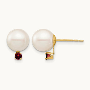 8- White Round Freshwater Cultured Pearl Garnet Post Earrings, 8.5mm, 14K