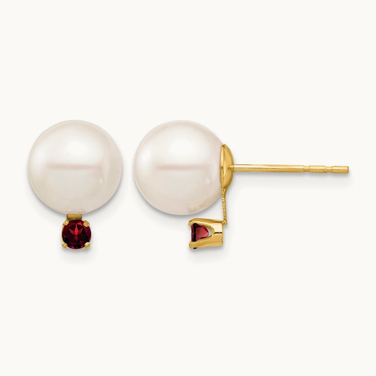8- White Round Freshwater Cultured Pearl Garnet Post Earrings, 8.5mm, 14K