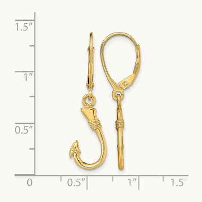 3-D Fish Hook Leverback Earrings — 14K Yellow Gold