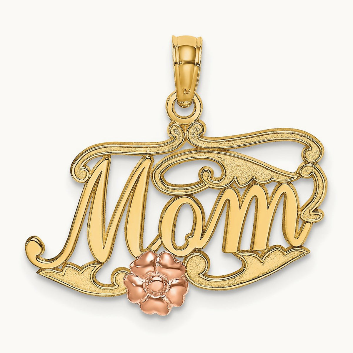MOM Script w/ Flower Charm, 14K Two-tone