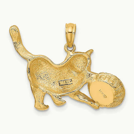 Rhodium Cat Playing with Yarn in Basket Charm, 14K