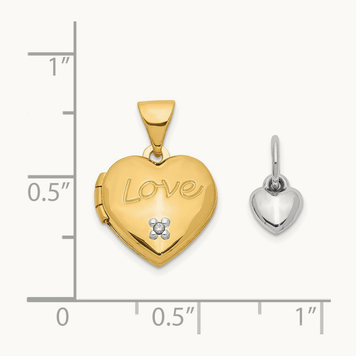 Two-toned Diamond LOVE w/Heart Charm Heart Locket, 12mm, 14K