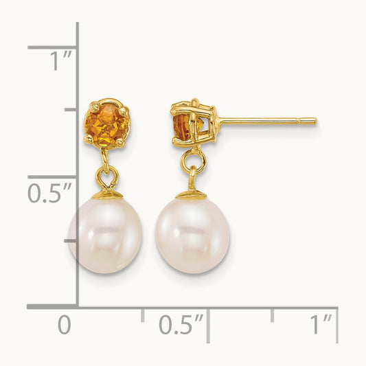 7- Round White FWC Pearl and Citrine Post Dangle Earrings, 8mm, 14K