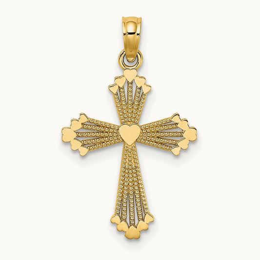 Cut-Out Stripes Cross w/ Heart Charm, 14K