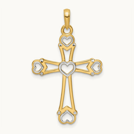 w/Rhodium D/C Cross w/Hearts Pendant, 14K