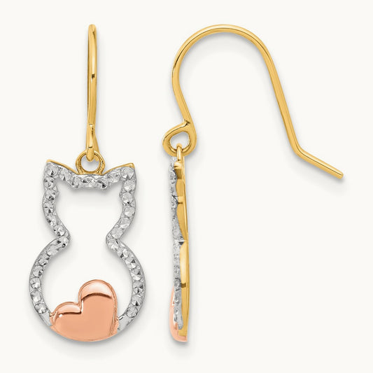 w/Rose and White Rhodium D/C Cat Outline Dangle Earrings, 14K