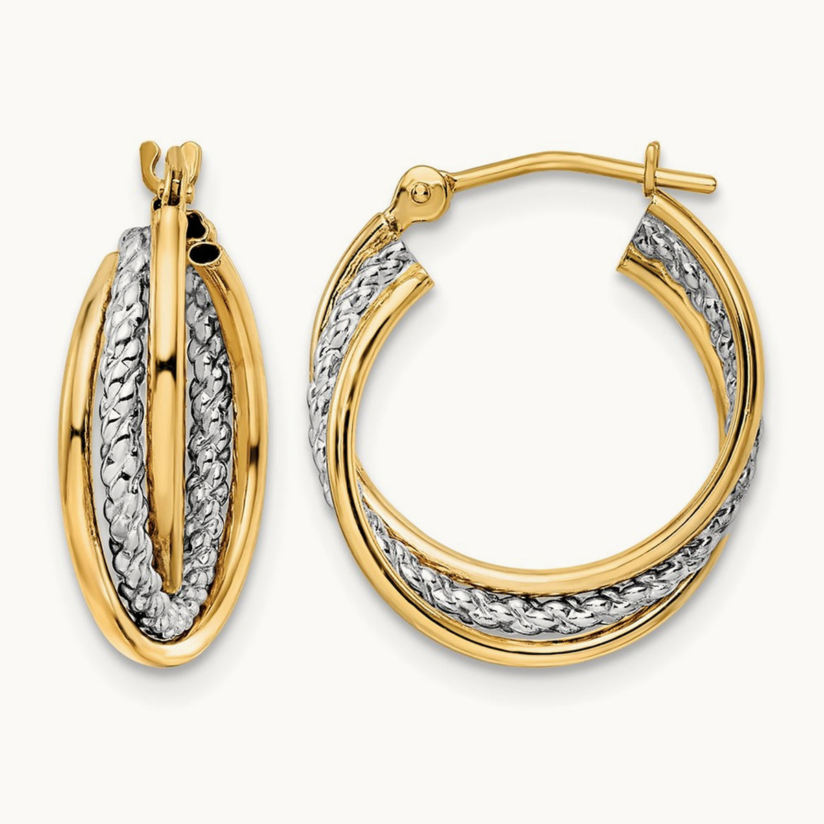 w/ White Rhodium Polished Textured Hoops, 14K