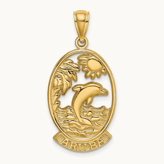 ARUBA W/ Dolphin Sunset In Frame Charm, 14K