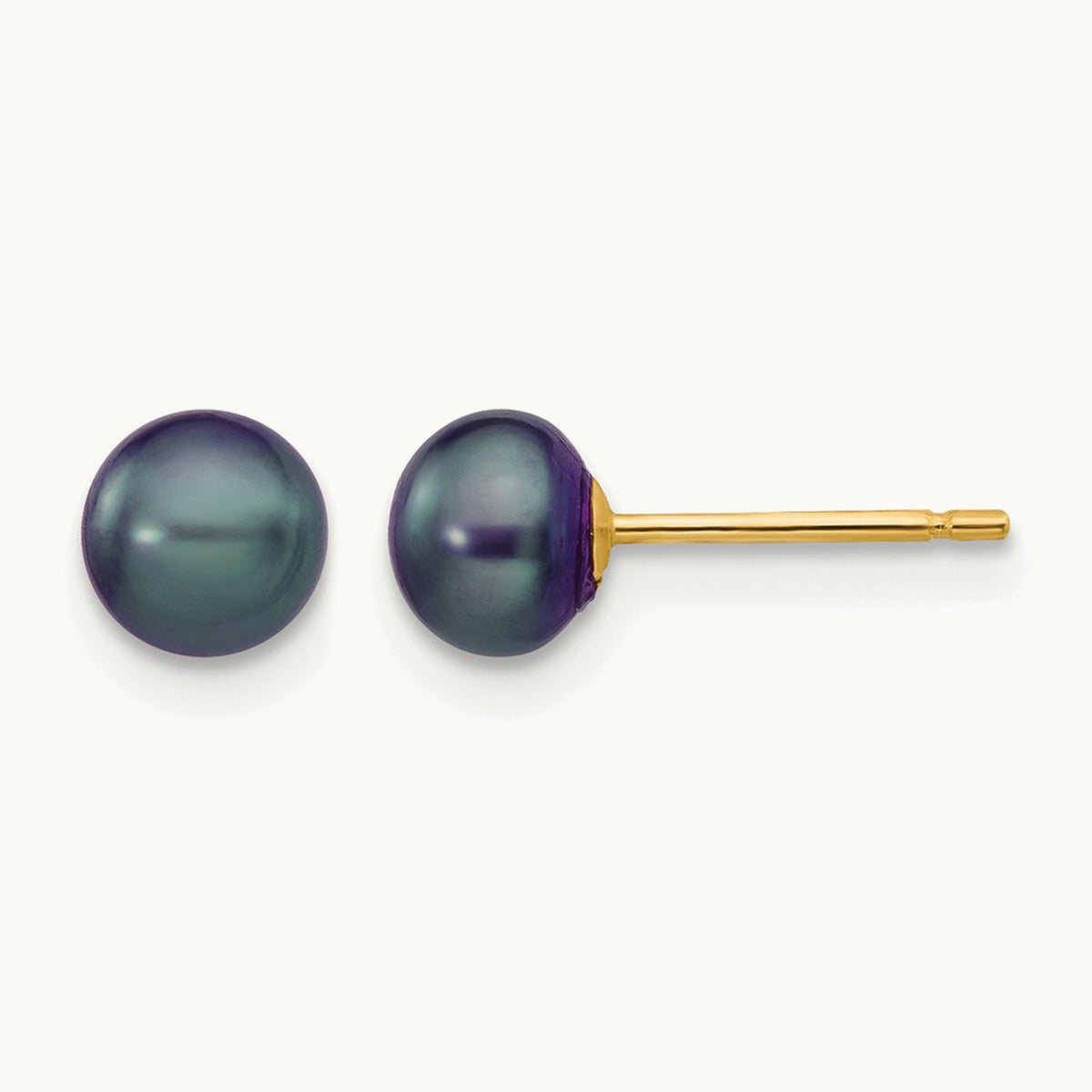 Black Button Freshwater Cultured Pearl Stud Post Earrings — 14K Yellow Gold