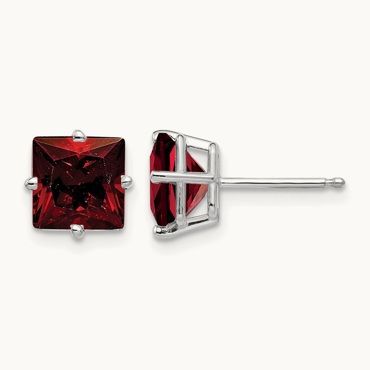 Princess Cut Garnet Earrings, 7mm, 14K White Gold