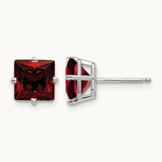 Princess Cut Garnet Earrings, 7mm, 14K White Gold