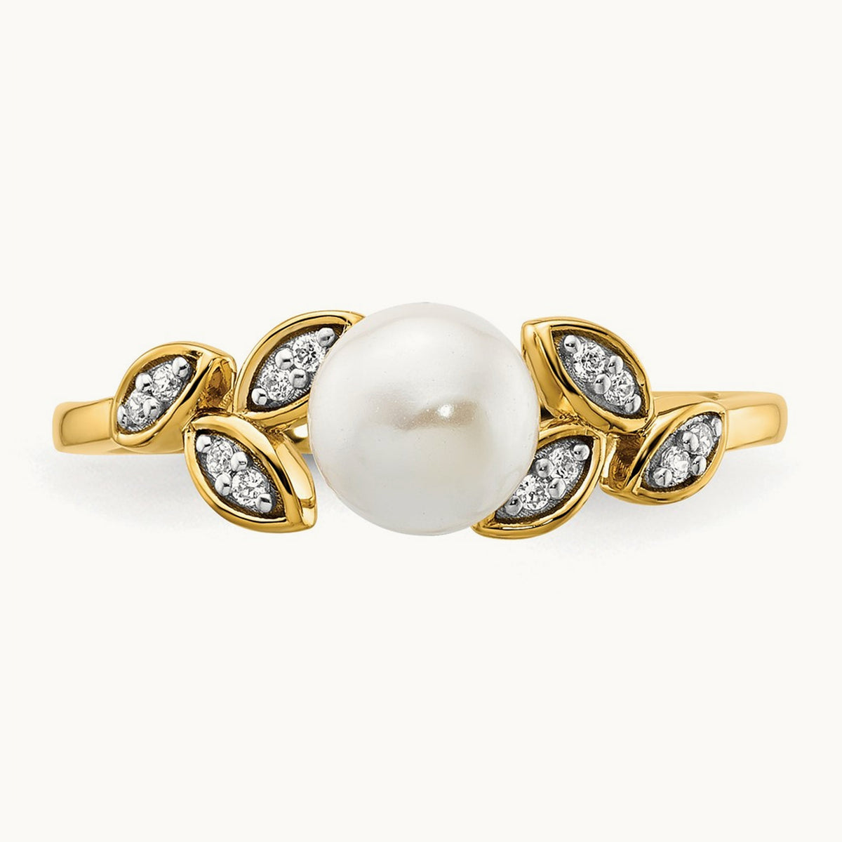 Polished Diamond and Pearl Leaf Fashion Ring, 14K