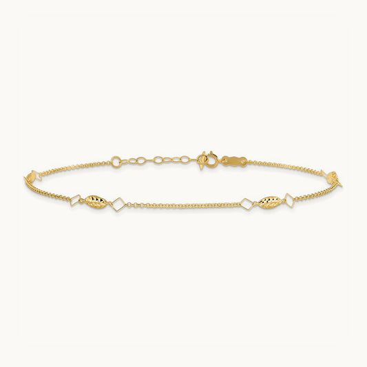 Circle Chain Diamond Cut Rice Puff Beads 9in Plus 1in Ext Anklet, 14K