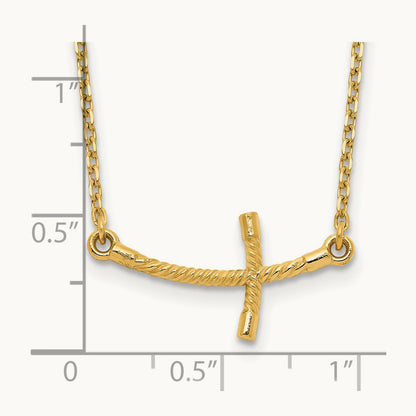 Small Sideways Curved Twist Cross Necklace — 14K Yellow Gold