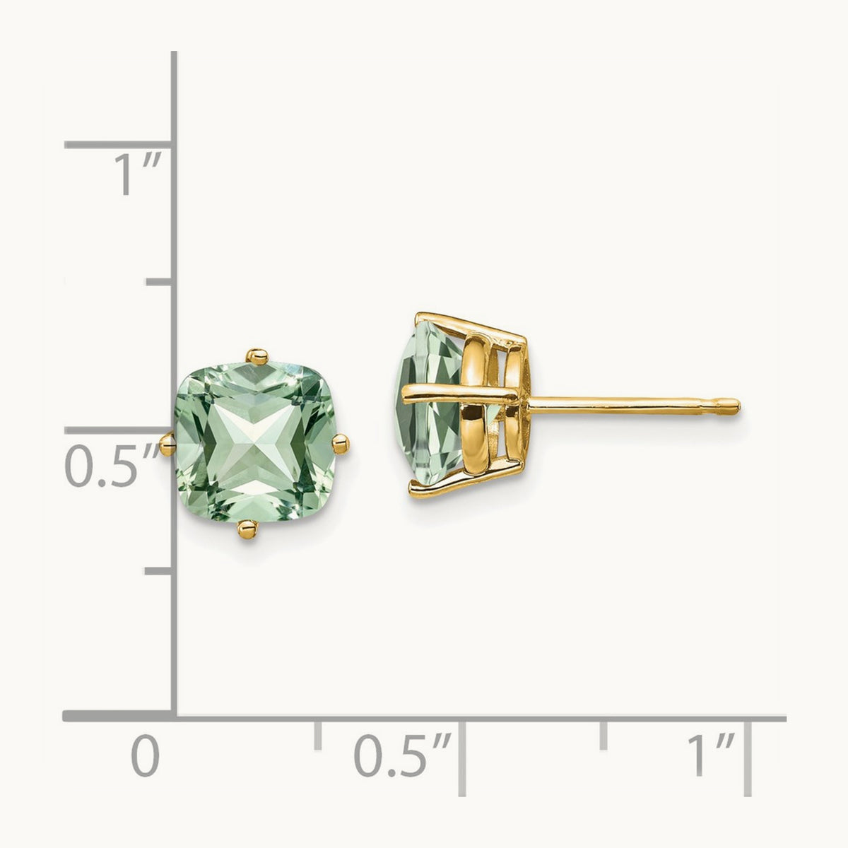 Cushion Green Quartz Earring, 7mm, 14K