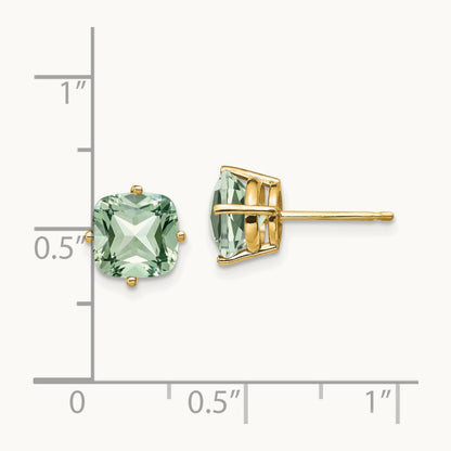 Cushion Green Quartz Earring, 7mm, 14K