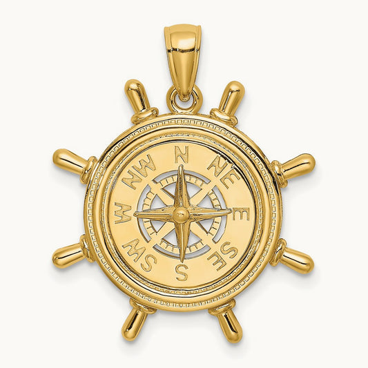 Ships Wheel W/Nautical Compass Charm, 14K
