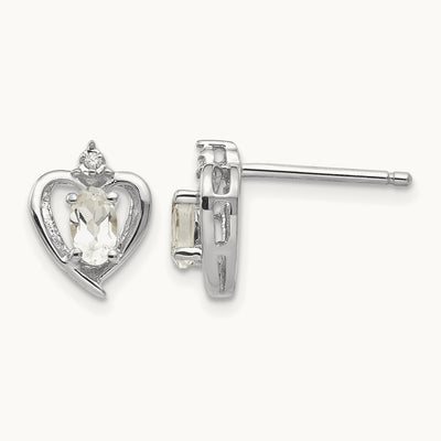 White Topaz and Diamond Heart Post Earrings, 14K White Gold