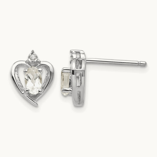 White Topaz and Diamond Heart Post Earrings, 14K White Gold