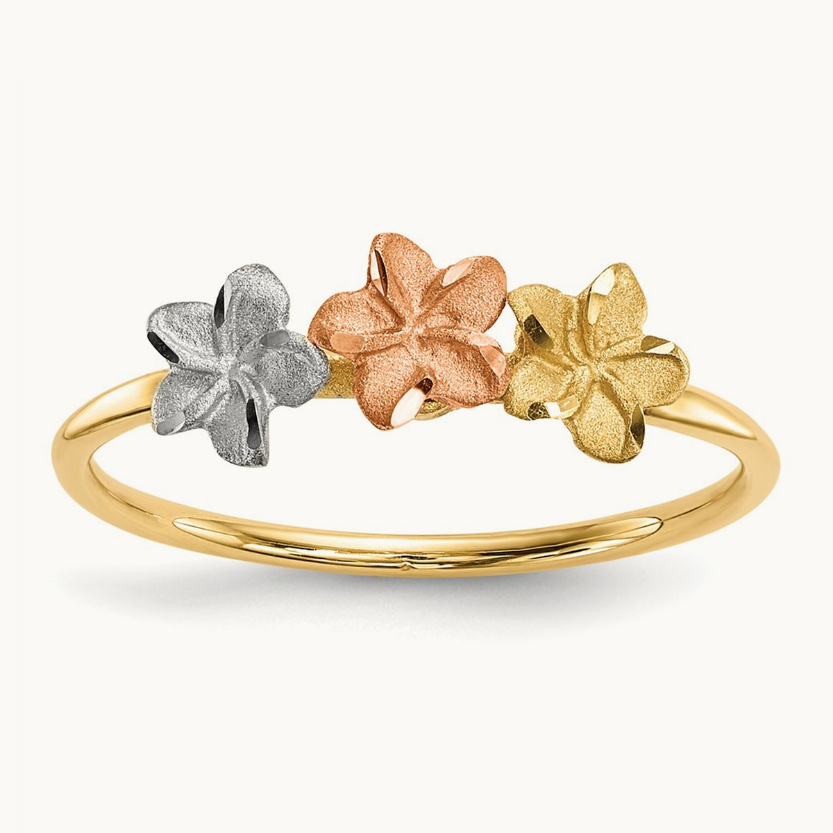 w/White Rhodium Polished and Satin 3 Flower Ring, 14K Two-tone